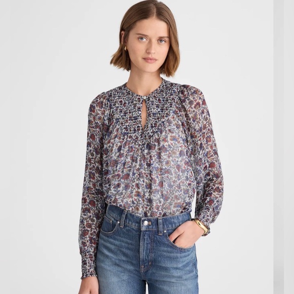 Madewell Tops - NWT Madewell Smocked Split Crewneck Top | Cherry Red 🍒 | Size Medium